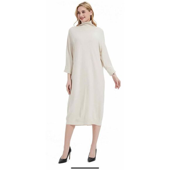 White Size medium Long Sleeve Over Knee Length Pullover  Bodycon Sweater Dress - Picture 1 of 5
